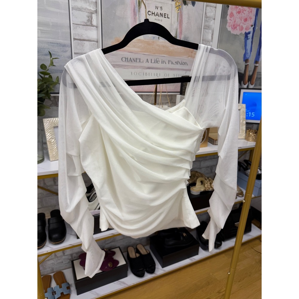 Marcella Monroe White One Shoulder Ruched Mesh Top Size M NWT - Picture 12 of 16